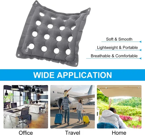 Vista 6 de PATIKIL Cojín de asiento inflable, paquete de 2 cojines de asiento de aire portátiles transpirables flocados cuadrados para el hogar, sillas de Gris