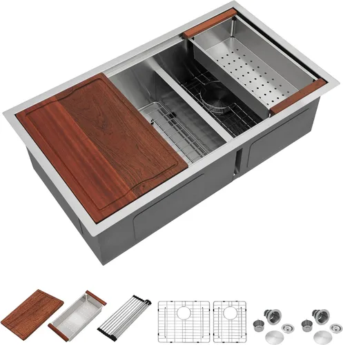 Vista 10 de Dcolora DC-U-1111 - Fregadero de cocina de 33 pulgadas con doble tazón, estación de trabajo de acero inoxidable 50/50 dividida baja dividida calibre