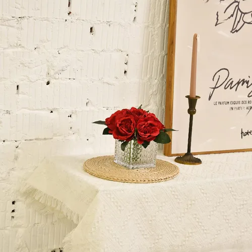 Vista 6 de Ramo de Peonías de Seda Artificial con Centro de Mesa Floral Artificial en Florero de Vidrio para Decoración de Boda en el Hogar (Rojo)