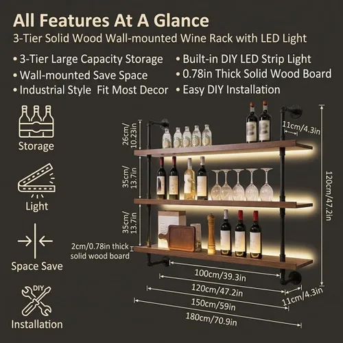 Vista 7 de Estantes de madera maciza para vino montados en la pared con luces LED, estante de exhibición de botellas de vino de metal moderno, estante flotante