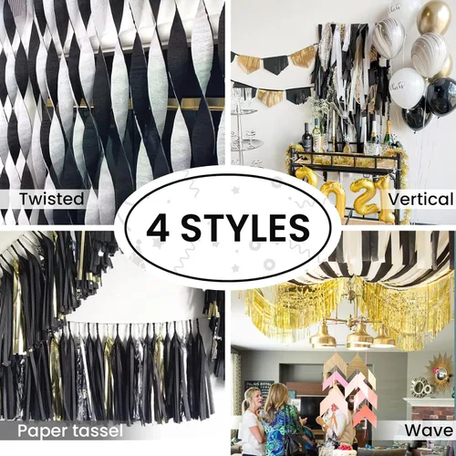 Vista 6 de PartyWoo Serpentinas de papel crepé negro dorado y plateado, 10 rollos de 820 pies, paquete de papel crepé para graduación, Navidad, Año Nuevo
