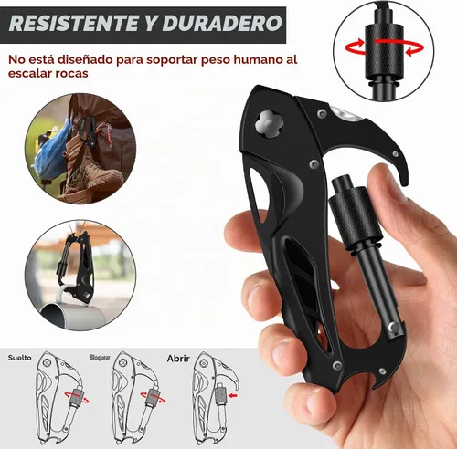 Vista 5 de Herramienta múltiple con mosquetón con cuchillo de bolsillo, equipo de supervivencia para camping y senderismo, llavero con mosquetones EDC