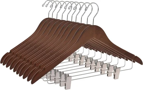 Vista 15 de Perchas de madera de calidad para faldas con clips, paquete de 10 perchas lisas de madera maciza para pantalones con clips de metal ajustables