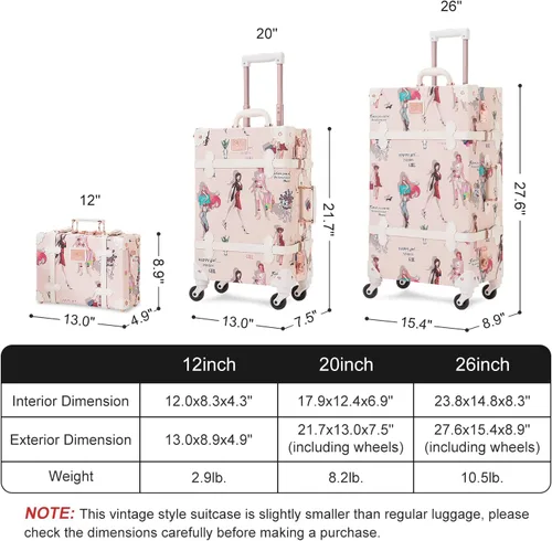 Vista 7 de Unitravel Juego de equipaje vintage, juego de maleta de mano para mujer con cerradura TSA, baúl giratorio de piel sintética con funda de tren de 12