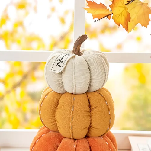 Vista 4 de Glitzhome Decoración de calabazas artificiales de otoño, calabazas de tela apilada, decoración del hogar, decoración de bandeja interior de otoño