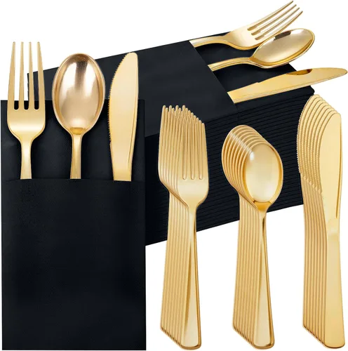 Vista 17 de Supernal 200 cubiertos de plástico dorado con servilletas de bolsillo, 50 juegos, cubiertos desechables resistentes con servilletas blancas, vajilla