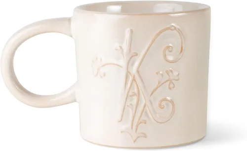 Vista 7 de Fringe Studio Taza Redonda de Gres, Monograma Floral Letra "E" 3.38" DIA. X 3.5"H, 14 fl.oz., con Asa Dorada Pintada a Mano (428047)