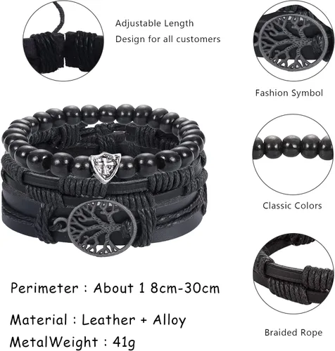 Vista 3 de FASACCO 31 pulseras de cuero trenzado para hombres y mujeres cuerdas de cáñamo tejidas cuerda étnica pulseras de cuentas de madera pulsera ajustable