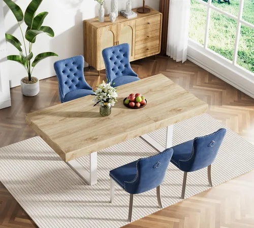 Vista 30 de Juego de mesa de comedor extensible marrón de 63 a 78.74 pulgadas para 4, juego de mesa de comedor de 5 piezas con 4 sillas tapizadas, mesa