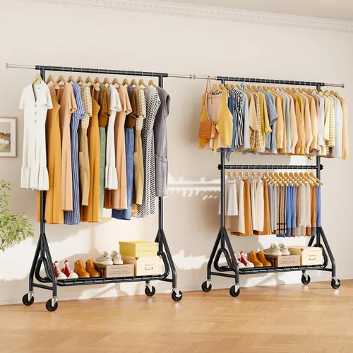 Vista 8 de Perchero resistente para colgar ropa, estante para ropa con dobles varillas y ruedas bloqueables, perchereros enrollables de metal resistentes