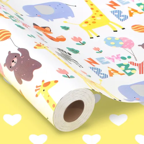 Vista 13 de woric Rollo de papel de regalo reversible para baby shower, de 17 pulgadas x 33 pies, papel de regalo para bebé niño con diseño de elefante azul