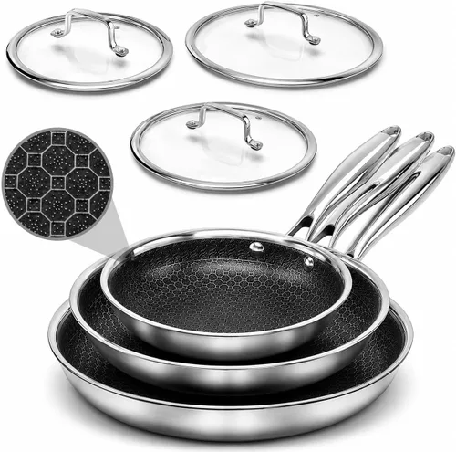 Vista 8 de USELUCK Juego de Sartenes Antiadherentes, Sartenes Híbridas No Tóxicas de 8, 10 y 12 Pulgadas con Tapas, Aptas para Lavavajillas y Horno, Listas