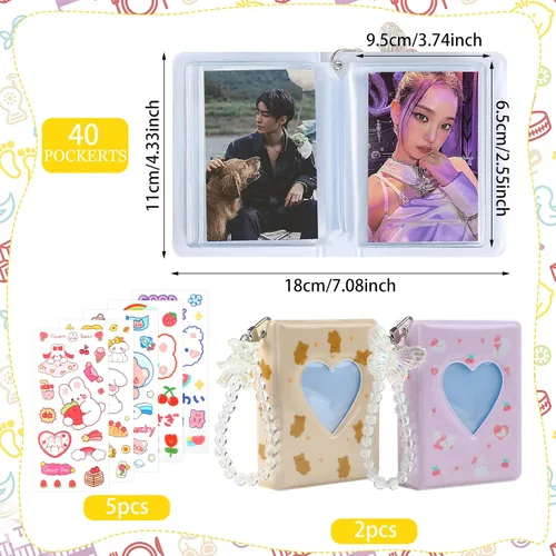 Vista 2 de CCINEE Juego de 2 portatarjetas Kpop para tarjetas fotográficas, mini álbum de fotos Kpop con colgante de cristal y lindas calcomanías, corazón