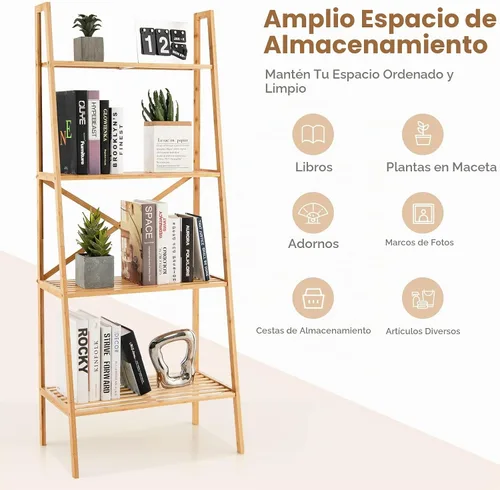 Vista 6 de GIANTEX Estantería de bambú de 4 niveles, estantes de almacenamiento multifuncionales con dispositivo antivuelco, estante de escalera de bambú