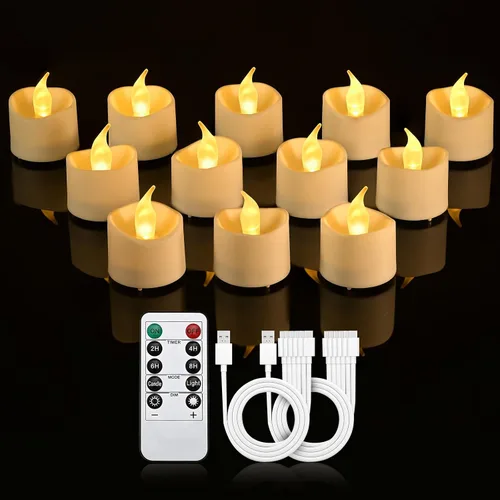 Vista 10 de JOSU Velas sin llama, 12 luces LED parpadeantes, funciona con pilas, con temporizador y clips remotos, velas cónicas de ventana blanca cálida