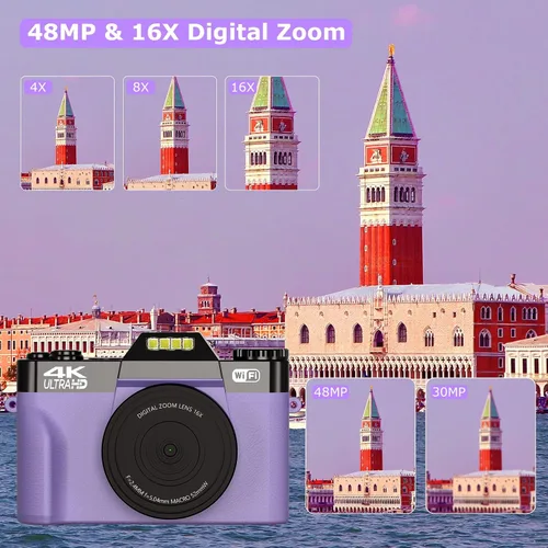 Vista 2 de Cámara digital 4K de 56 MP, cámara de vlogging para YouTube con WiFi, cámara compacta de enfoque automático 16X con zoom digital con tarjeta micro