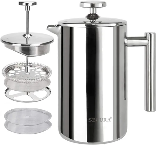 Vista 11 de Secura Cafetera de prensa francesa con filtro de acero inoxidable de 3 capas, 34 onzas, negro, diseño aislado de doble pared con 2 filtros