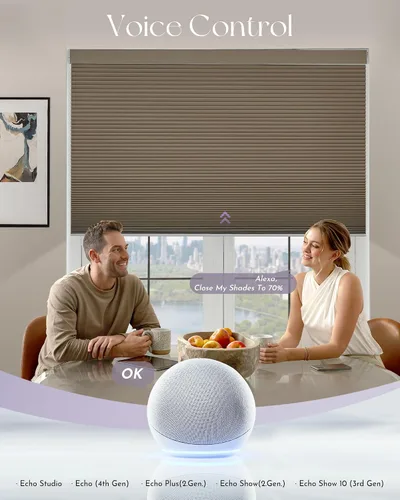 Vista 2 de Graywind Persianas celulares inteligentes personalizadas compatibles con Alexa Google, opacas, recargables, motorizadas, de 5/8 pulgadas, diseño