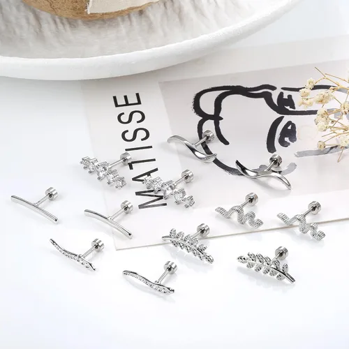 Vista 5 de Besteel Juego de 6 pares de aretes de acero inoxidable de 0.56 oz para cartílago de circonita cúbica para mujeres y niñas, flor de ópalo, hélice