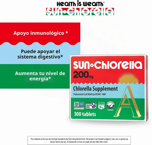 Vista 3 de Sun Chlorella Tabletas 200 mg, alimentos integrales B12 y vitamina D, sin OMG, 300 unidades 90% de pared celular pulverizada para absorción; sin