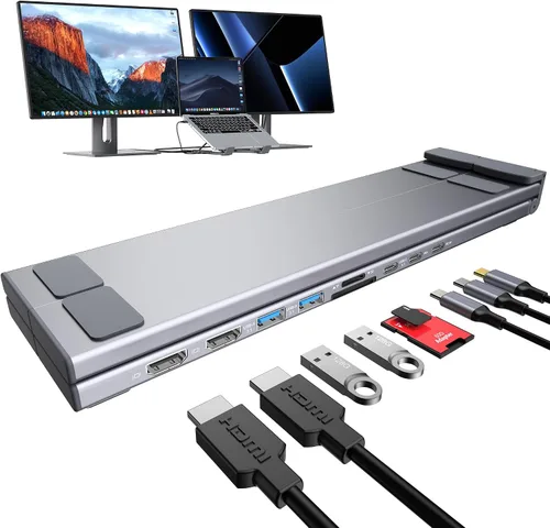 Vista 13 de Base de acoplamiento USB C de 5 en 1 con soporte para portátil de aluminio ajustable, concentrador USB C con 4 puertos USB A 3.0 con transferencia