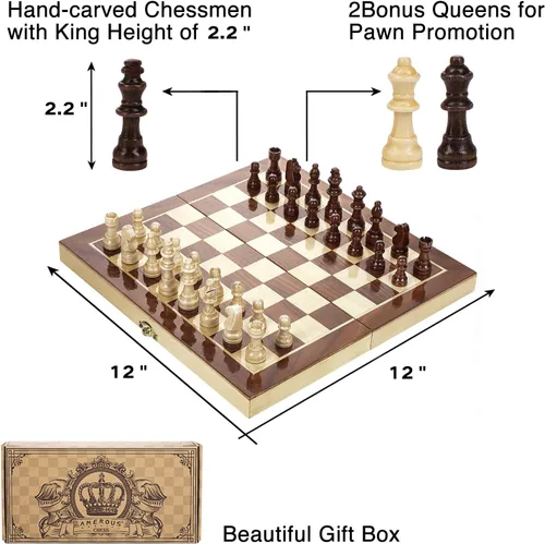 Vista 4 de AMEROUS Juego de ajedrez magnético de madera de 12 x 12 pulgadas para niños y 6 años en adelante, 2 reinas adicionales, tablero plegable con ranuras