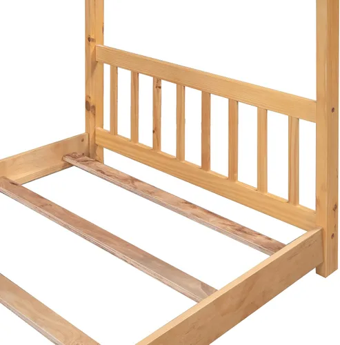 Vista 9 de Merax Cama de plataforma de casa de tamaño individual con cabecero y estribo, marco de cama de madera con diseño de techo para dormitorio,