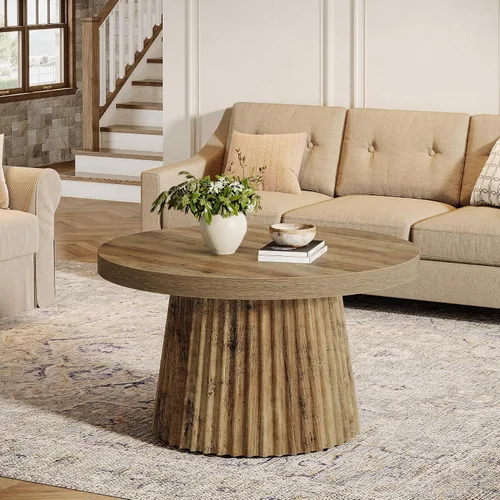 Vista 6 de Tribesigns - Mesa de café, mesa de café redonda pequeña de 31.5" de estilo granja con base de tambor estriada, mesa central de acento boho moderna