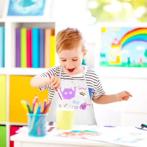Vista 8 de DIY Kids Chef Hat and Apron Set Kids Painting Delantales con bolígrafo de colores y plantillas de manualidades para hornear pintura Artesanía, Blanco