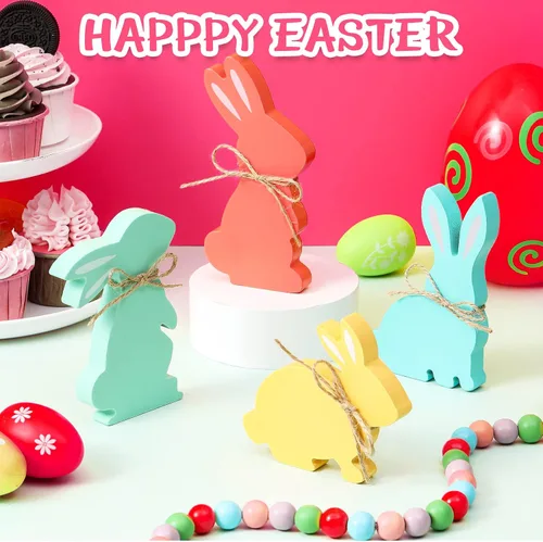 Vista 4 de 4 piezas de decoración de mesa de conejo de Pascua, letreros de madera con cuerda, decoración de conejo de primavera, decoración de bandeja