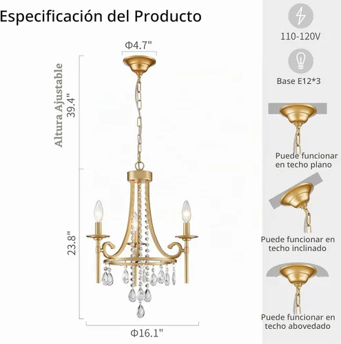 Vista 2 de WUZUPS Candelabro de Velas Colgante de 3 Luces, Lámpara de Techo Moderna, Accesorio de Iluminación para Dormitorio, Pasillo, Bar, Cocina, Comedor Oro