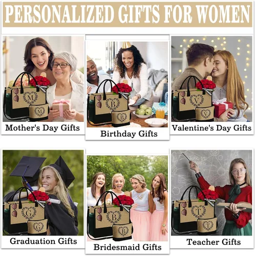 Vista 5 de Bolsa de yute con inicial y bolsa de maquillaje, bolsa de mano con monograma bordado, regalos de cumpleaños personalizados para mujeres y madres