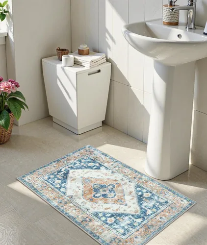 Vista 7 de Uphome Alfombra de Baño Azul Boho Desgastada Alfombra de Baño Oriental Suave de Pelo Largo Antideslizante Alfombra de Baño Lavable a Máquina Vintage