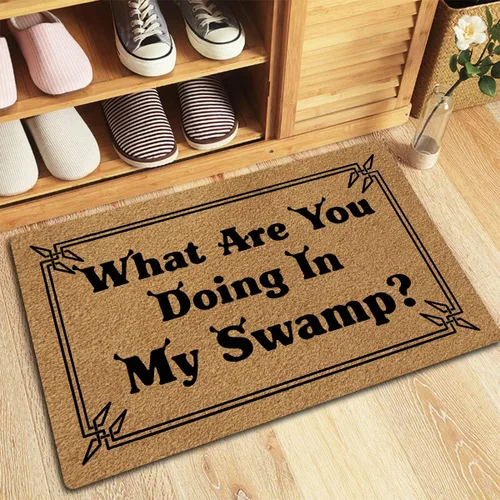 Vista 4 de MjiejieM Divertidos felpudos con texto en inglés «What are You Doing in My Swamp» para interiores y exteriores, tapete de bienvenida para interiores