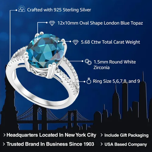 Vista 2 de Gem Stone King Anillo de compromiso de topacio azul Londres de 5.68 quilates para mujer en plata de ley 925, ovalado de 0.47 x 0.394 pulgadas