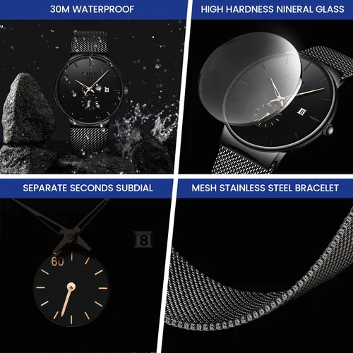 Vista 4 de LIGE Wrist Watches for Men Waterproof Dress Vintage Work Casual Stainless Steel 3ATM Water Resistant Japanese Quartz Movement Date Display Business