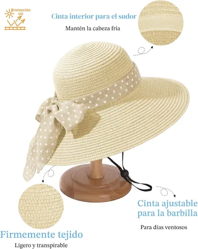 Vista 2 de Sombreros de paja Sun Beach para mujer, sombrero de ala ancha de verano 2-Beige