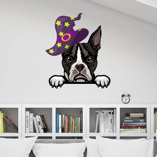 Vista 4 de Guangpat Calcomanías de Halloween de bruja Boston Terrier, calcomanías de pared de bienvenida de Halloween, arte de pared de perro Boston Terrier