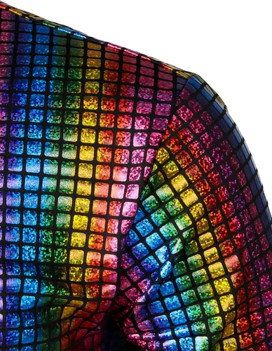 Vista 5 de JOGAL Men's 70s Costume Rainbow Sequins Disco Party Dress Short Sleeve Button Down Shirts