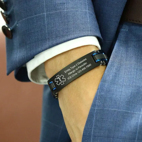 Vista 4 de VNOX Pulseras de identificación de alerta médica de emergencia de dos tonos para hombres, esposo, padre