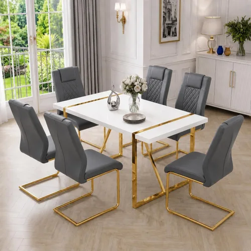 Vista 27 de Juego de mesa de comedor moderna de 55 pulgadas para 4, mesa de comedor negra y marco de metal dorado, mesa de comedor rectangular con 4 sillas
