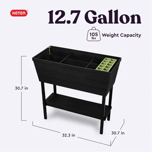 Vista 11 de Keter Urban Bloomer - Jardinera elevada de 12.7 galones y maceta de jardín de hierbas para exteriores con medidor de riego automático y tapón