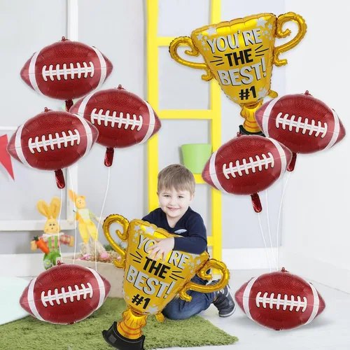 Vista 5 de Juego de 10 globos de fútbol, bola de rugby, trofeos, globos de papel de aluminio, decoraciones de fiesta de fútbol para portón trasero, celebración