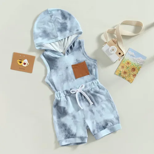 Vista 2 de JLKGICF Conjunto de ropa de verano para bebés y niños pequeños, a rayas, lisos, teñido anudado, sin mangas, con bolsillo, sudadera con cordón