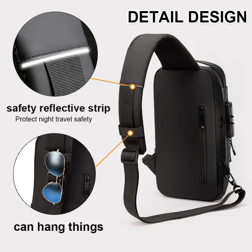 Vista 5 de Bolsa de motocicleta para hombre mochila cruzada impermeable sobre el hombro con carga USB Negro Mochilas Daypack