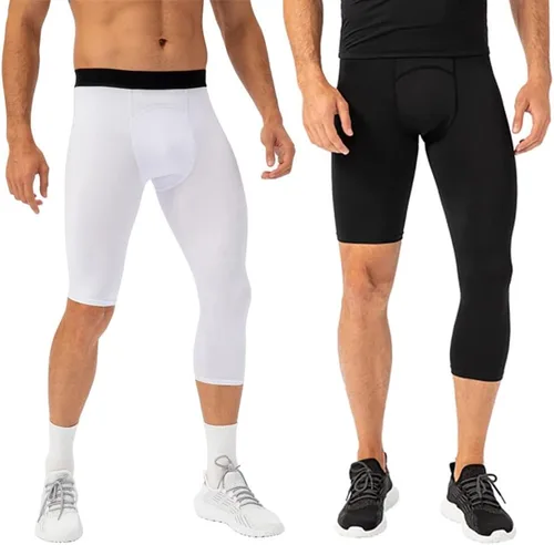 Vista 53 de Pantalones de compresión para hombre, mallas de compresión de una pierna para baloncesto, capri 3/4, leggings atléticos, capa base de secado fresco