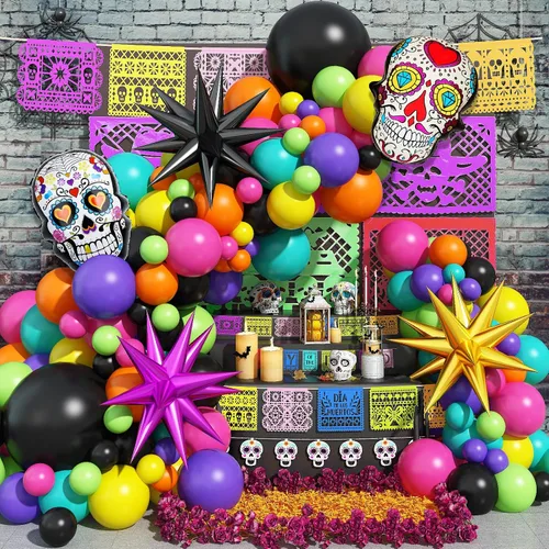 Vista 13 de Jobkoo Kit de guirnalda de arco de globos de Halloween, globos de confeti negro, morado, naranja, globos de confeti de Halloween, cumpleaños, baby