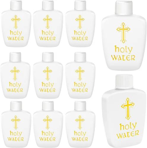 Vista 11 de 100 botellas de agua bendita de plástico de 2 onzas, recipientes vacíos con cruz dorada para católicos, cristianos, Halloween, primera comunión