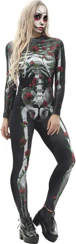 Vista 4 de Fixmatti - Disfraz de fiesta de Halloween para mujer, traje de manga larga con estampado de calavera