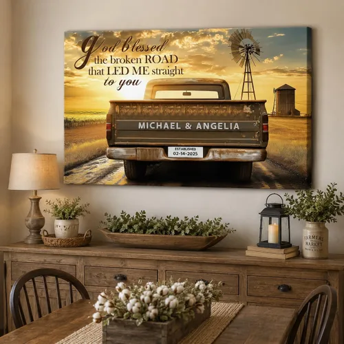 Vista 14 de ANRUOXI Arte de Pared en Lienzo de Camión Vintage Personalizado, Impresiones en Lienzo de Letrero Personalizado con Nombres y Fechas de Familia
